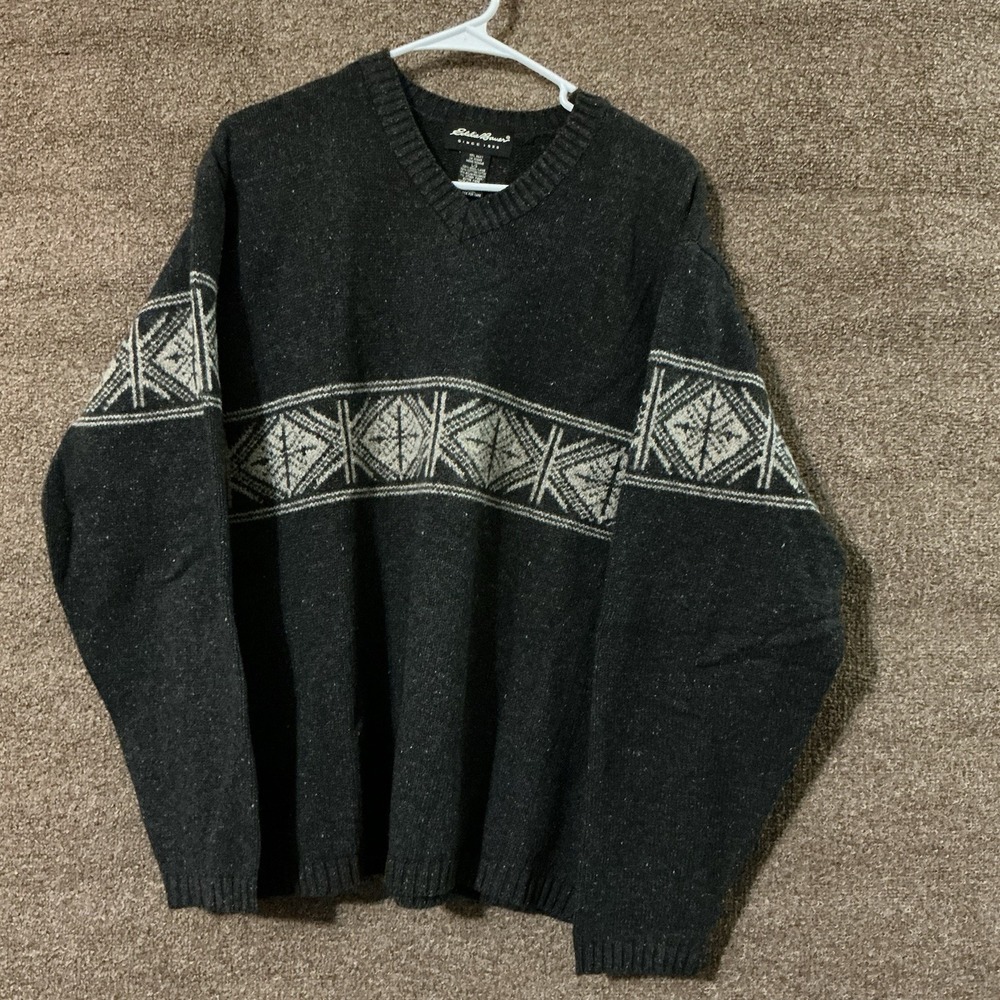 Eddie Bauer Sweater Mens L Gray Wool Blend Ski Nordic Dark Gray/Black Winter VTG